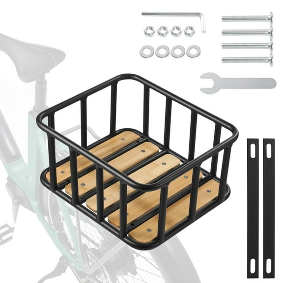 Bicycle Rear Basket, Heavy Duty Metal Bike Basket with Wood Panels, Large Capacity Ebike Basket, Easy Installation, Ideal for Commuting, Picnics, Travel, 13.8 x 11.8 x 6.7"