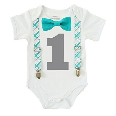 Boy Bow Tie First Birthday Noah's Boytique First Birthday Boys Outfit Teal and Grey Plaid with Teal Bow Tie 6-12 Months ()
