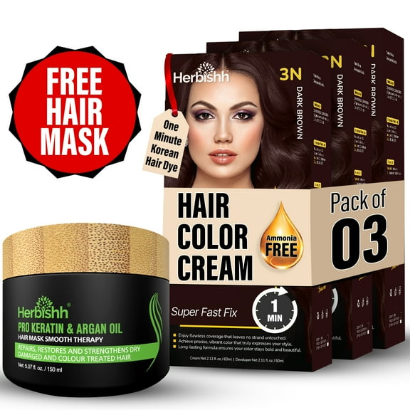 Herbishh Rapid Infusion Hair Color Cream – 3N Dark Brown Hair Dye Permanent One Minute with Comb Applicator, Hair Color for Gray Hair Coverage, Ammonia-Free, Patented Korean Technology, 2.03 fl. Oz
