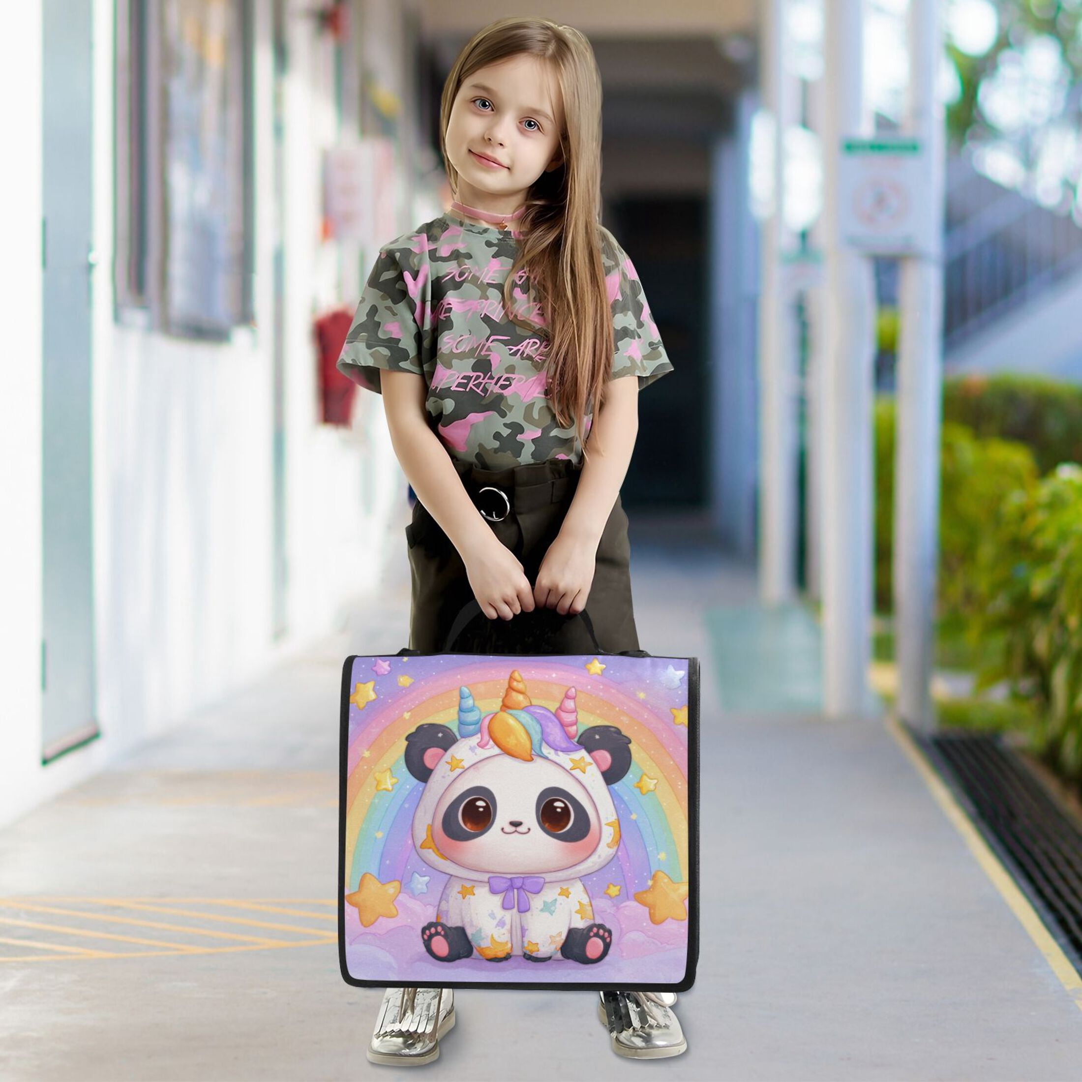 3 Ring Zipper Binder Stationery Organizer for Study Work Home Travel, All-Purpose File Folder Storage Bag for Daily Document Organization Cute Panda in Unicorn Onesie