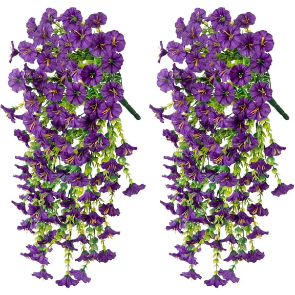 ZULAR 2 Pack Artificial Morning Glory Flowers,UV-Resistant Hanging Flowers 29.5",Silk Fake Plants Hanging Basket for Spring Outdoor Wedding Yard Garden Decor,Purple