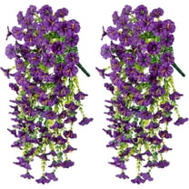 ZULAR 2 Pack Artificial Morning Glory Flowers,UV-Resistant Hanging Flowers 29.5",Silk Fake Plants Hanging Basket for Spring Outdoor Wedding Yard Garden Decor,Purple