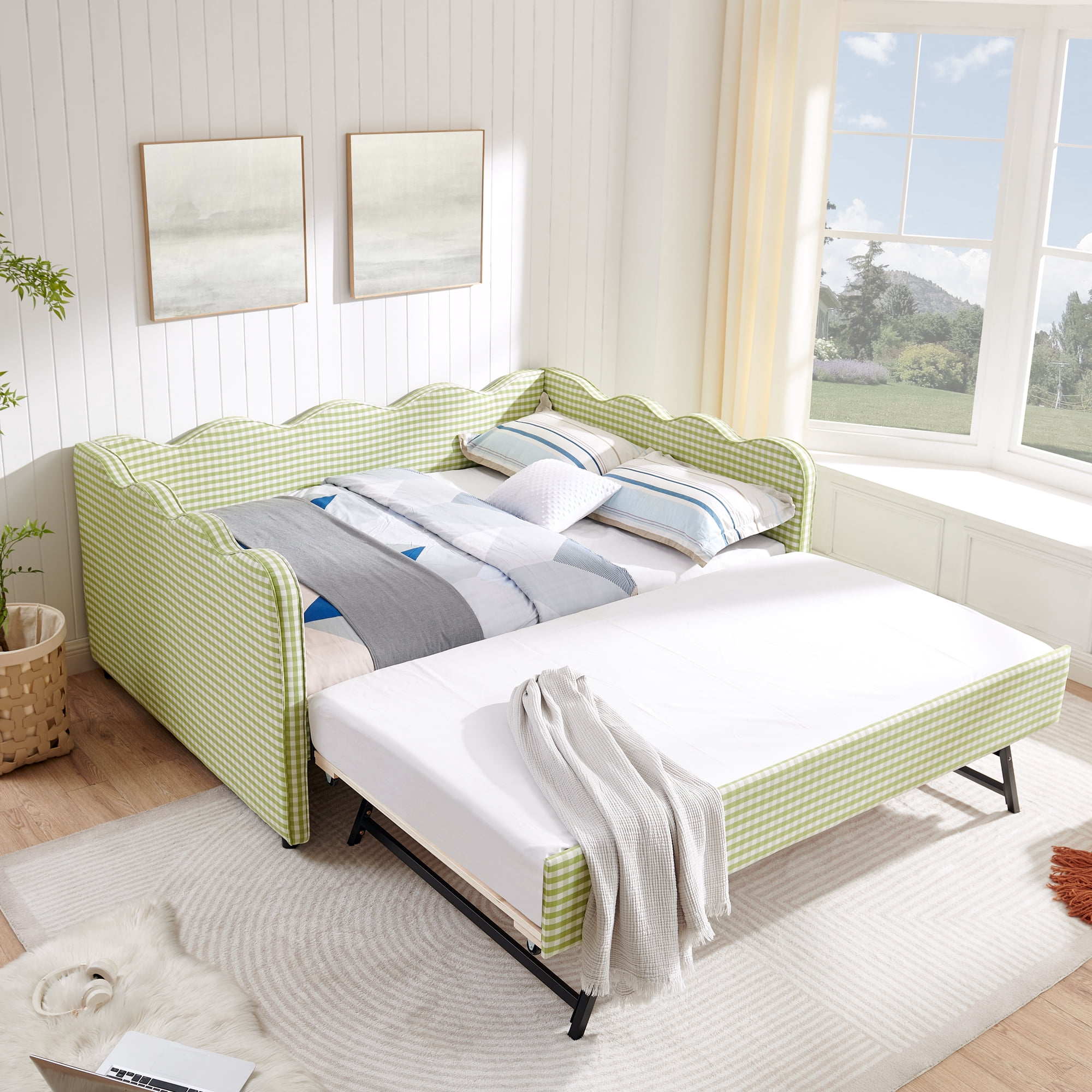 Full Size Daybed with Trundle and USB Port Upholstered Sofa Bed Gingham Linen Kids Guest Bed Frame, No Box Spring Needed, Green