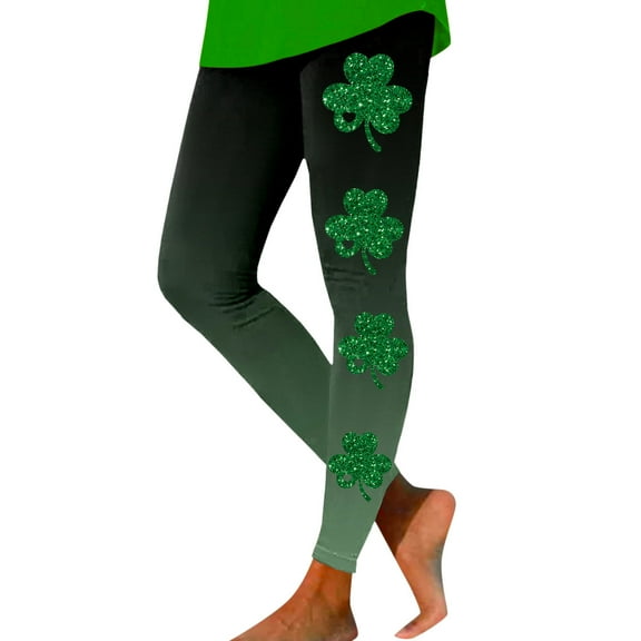 XIAONU Womens St. Patrick's Day Glitter Shamrock Print Leggings Stretch High Waist Casual Pants For Holiday And Daily Wear