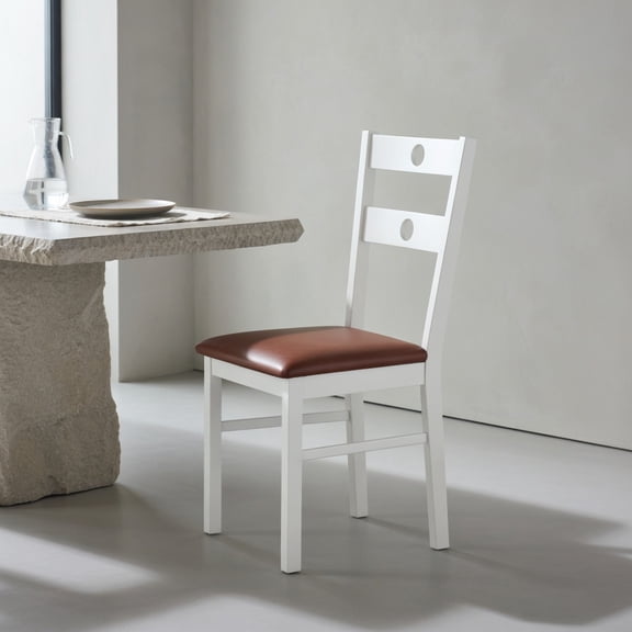 Set of 2 Modern Wooden Dining Chairs – White & Walnut Frame with Black/Brown PU Leather Seat, Hollow Back Design, Ergonomic Support, 330 lb Capacity