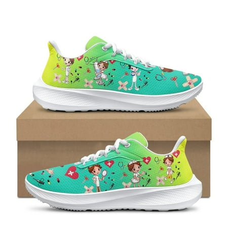 Kawaii Pink Nurse Girls Cartoon Pattern Mesh Sneakers for Women Breathable Lace-up Running Cushion Shoes Customized