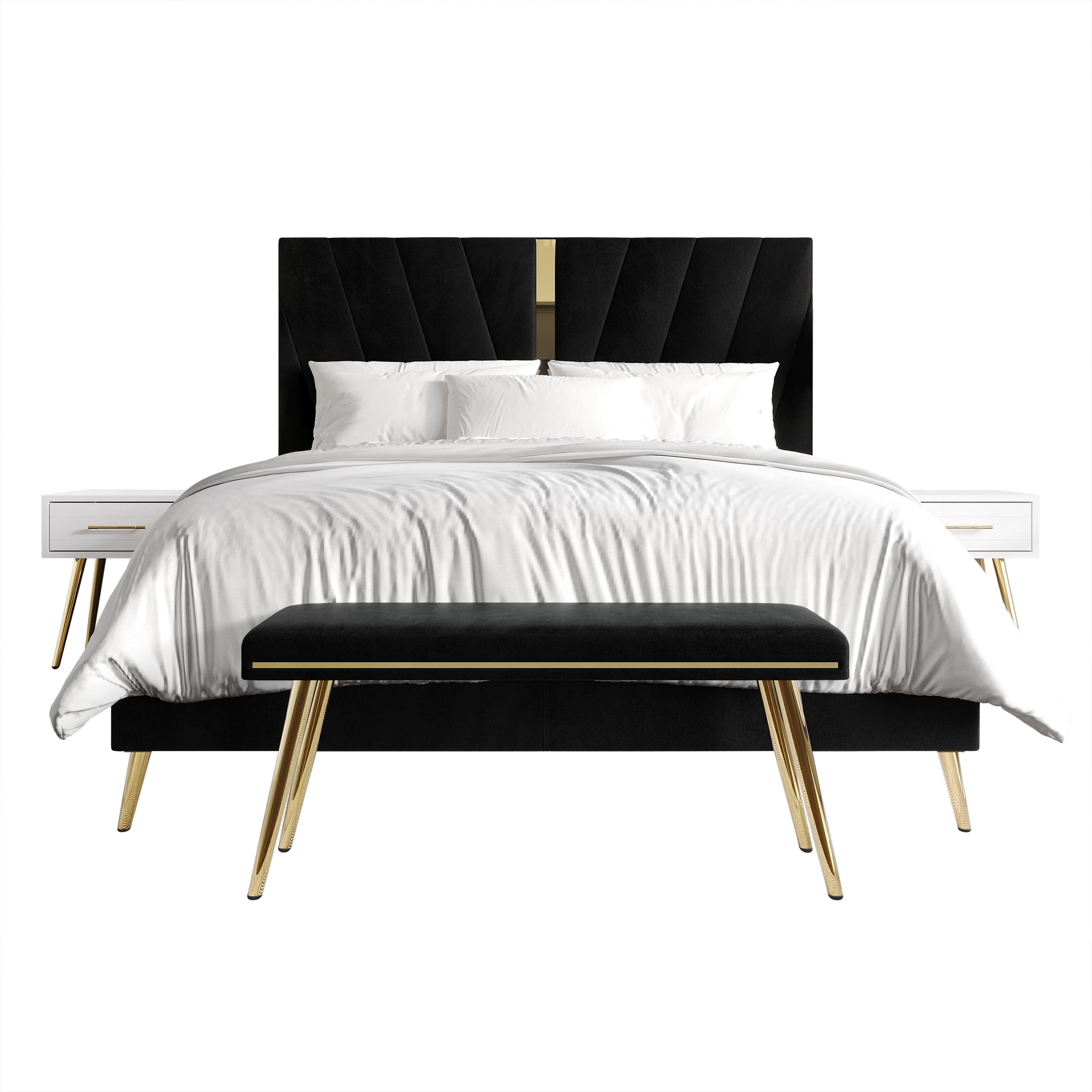 Castle Place Contemporary Velvet Queen Upholstered Bed with 2 Nightstand and Bench, Black