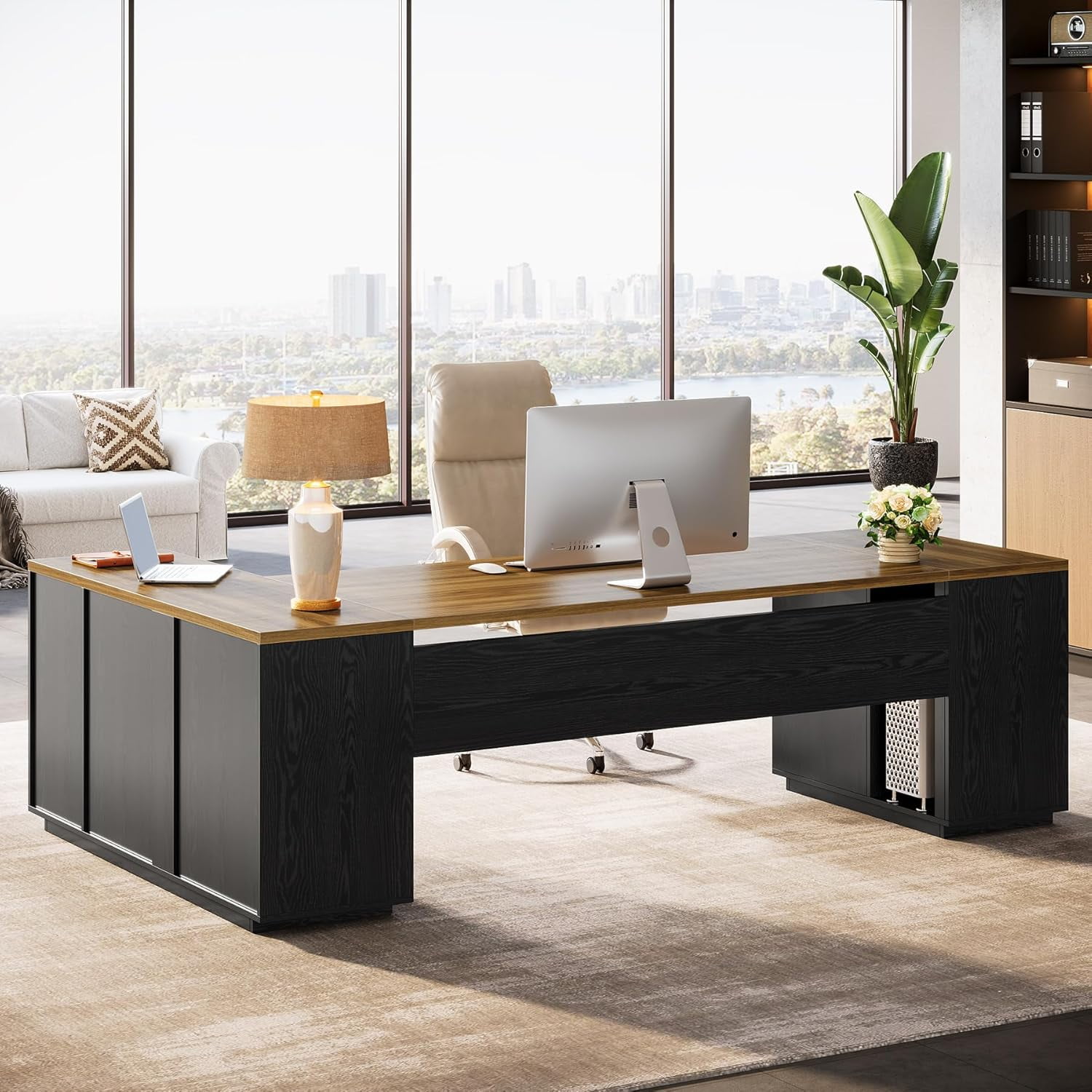 Tribesigns 85.8" L-Shaped Executive Desk, Extra Large Office Desk with File Drawers, Modern Business Furniture with Door Cabinet, Shelves for Home Office, Brown & Black