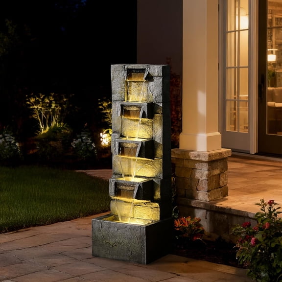Tiered Outdoor Water Fountain Garden - 41'' Tall Patio Fountains Outdoor Water Feature with Light, Resin Cascading Waterfall Feature Stone Texture Waterfall for Yard Patio Porch Outside, Gift
