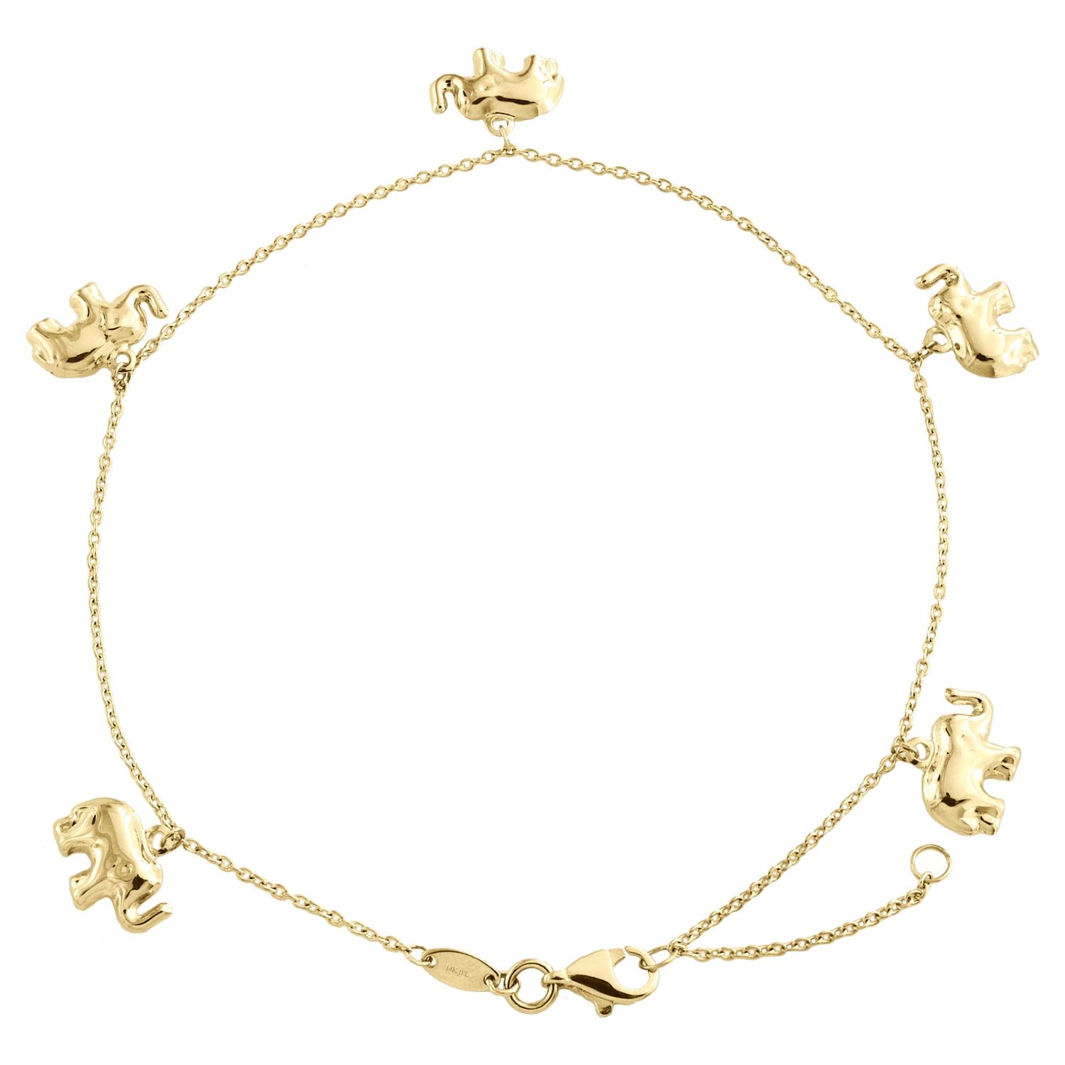 14K Yellow Gold Fancy Link Chain Statement 10mm Elephant Charm Anklet 9"+ 1" Ext