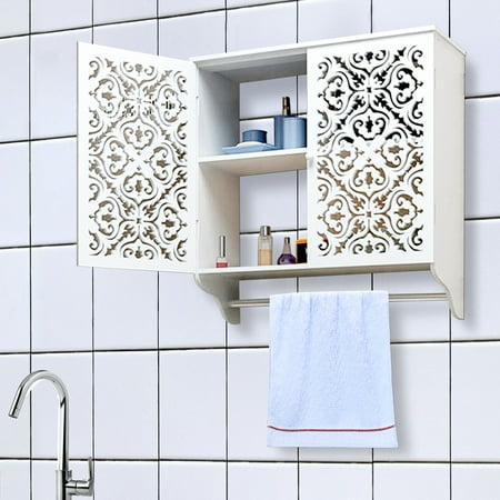 bathroom wall mounted cabinet double door vanity storage cupboard with towel rod easy install, white, 17.32 x 8.66 x 17.72 inches