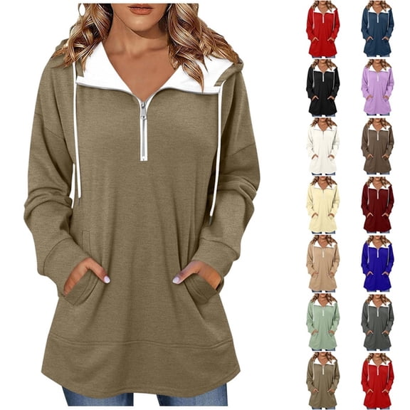 Jsaierl Long Hoodies for Women Half Zip Solid Color Hooded Sweatshirt Trendy Sweater Soft Long Sleeve Tunic Tops Fall Clothes S-2XL