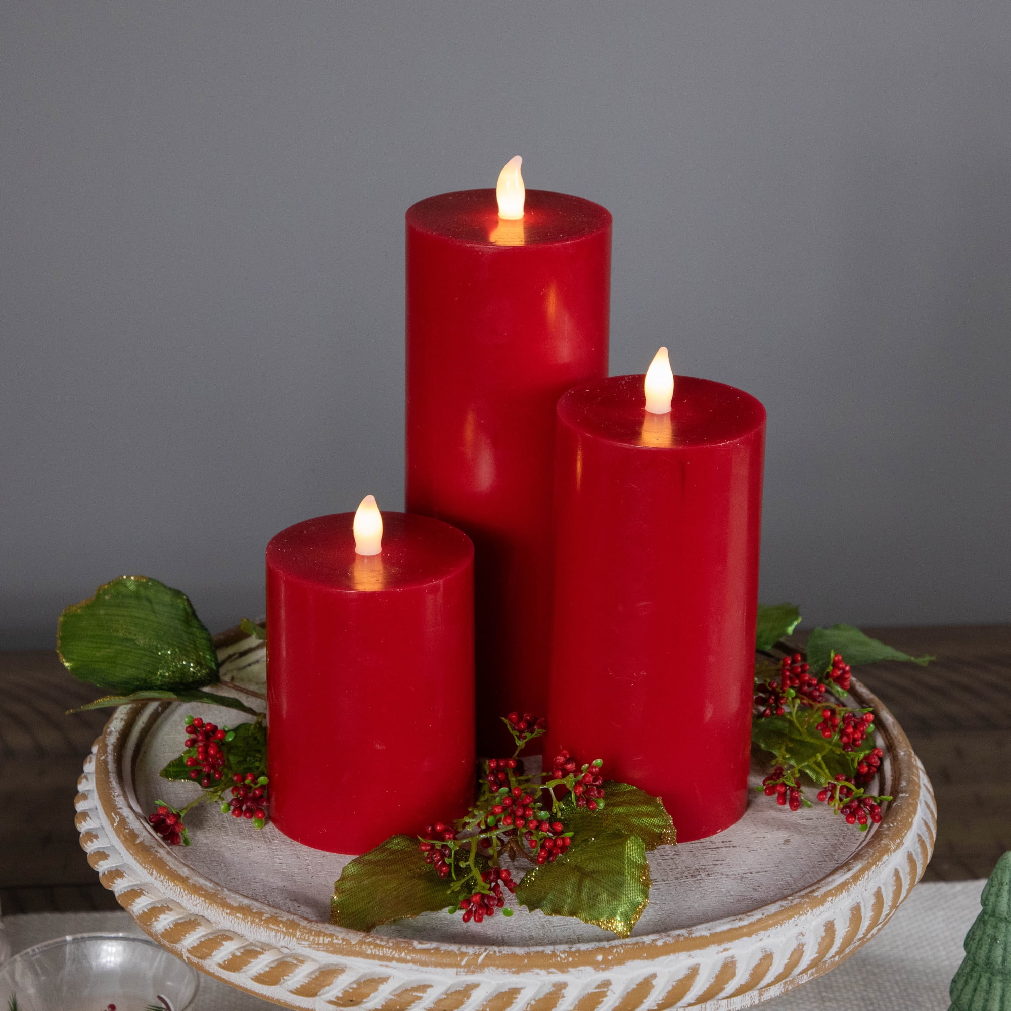 Set of 3 Flameless Red Flickering LED Christmas Wax Pillar