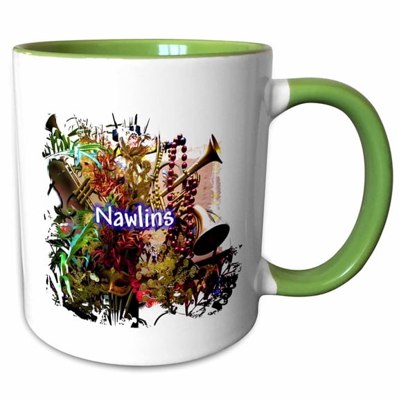 3drose, Image of Word Nawlins on Symbols of Mardi Gras Painting, 15oz Two-tone Green Mug