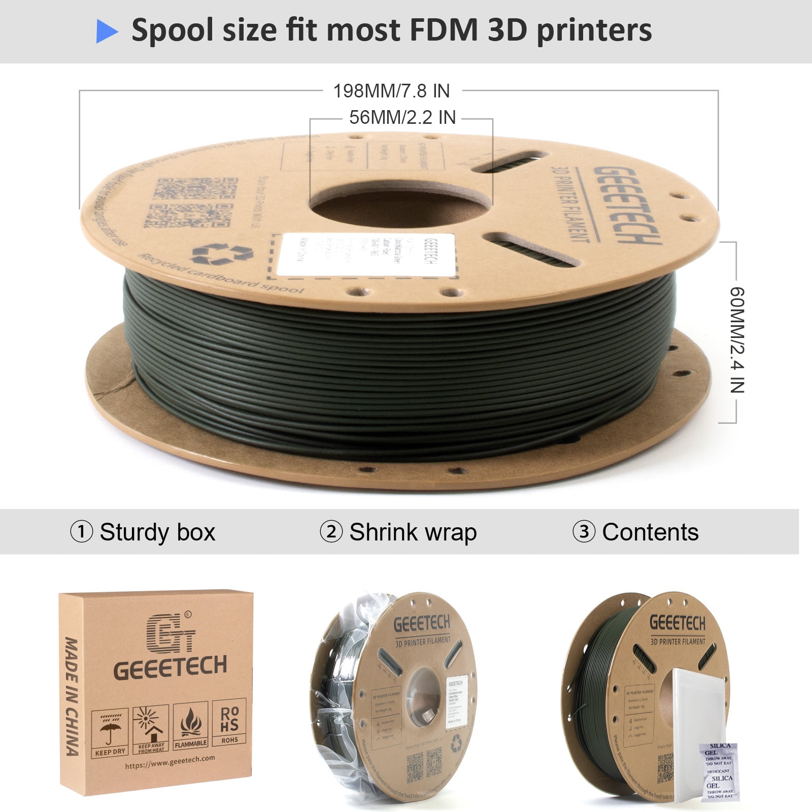 Geeetech 5pcs 3D Printing PLA Carbon Fiber Filament 1.75mm Dimensional Accuracy +/- 0.03mm 5kg(11 ib) Matcha Green