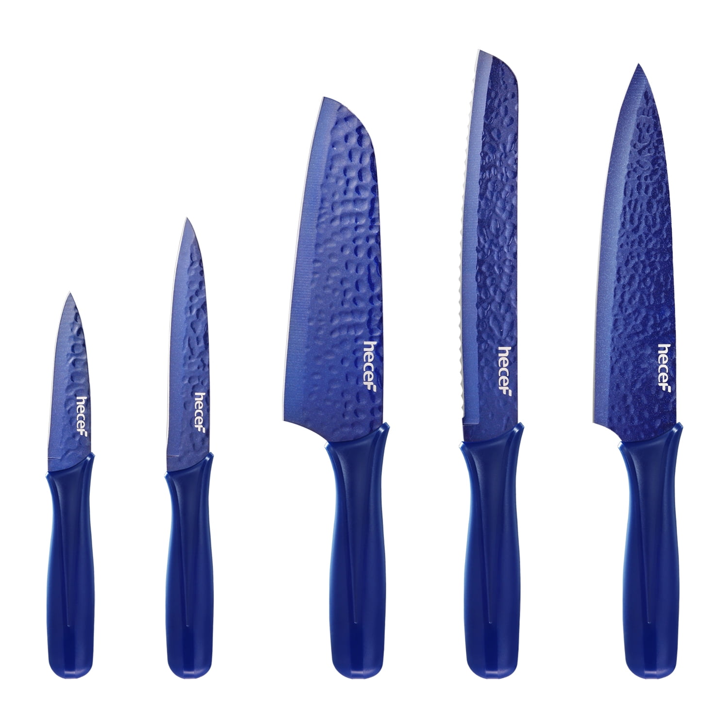 Hecef 5Pcs Kitchen Knife Set Hammered Galaxy Blue Metallic Ceramic Coated Chef Knife