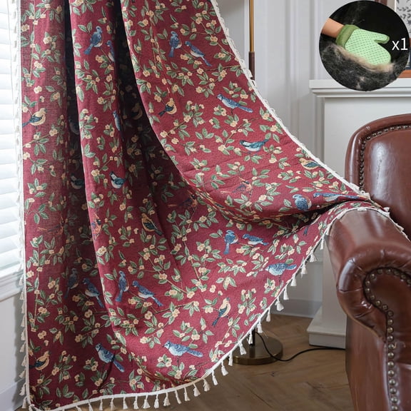 Floral 63 Inch Curtains for Living Room Maroon Drapes Bird Pattern Jacquard Rod Pocket Window Curtain Panels Bedroom Farmhouse Decor Boho Tassel Semi Blackout 2 Panels Window Treatments