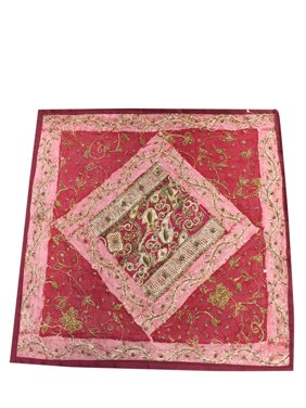 Mogul Indian Pillow Sham Vintage Sari Floral Zari Embroidery Sequin Patchwork Pink Cushion Case 16"x16"