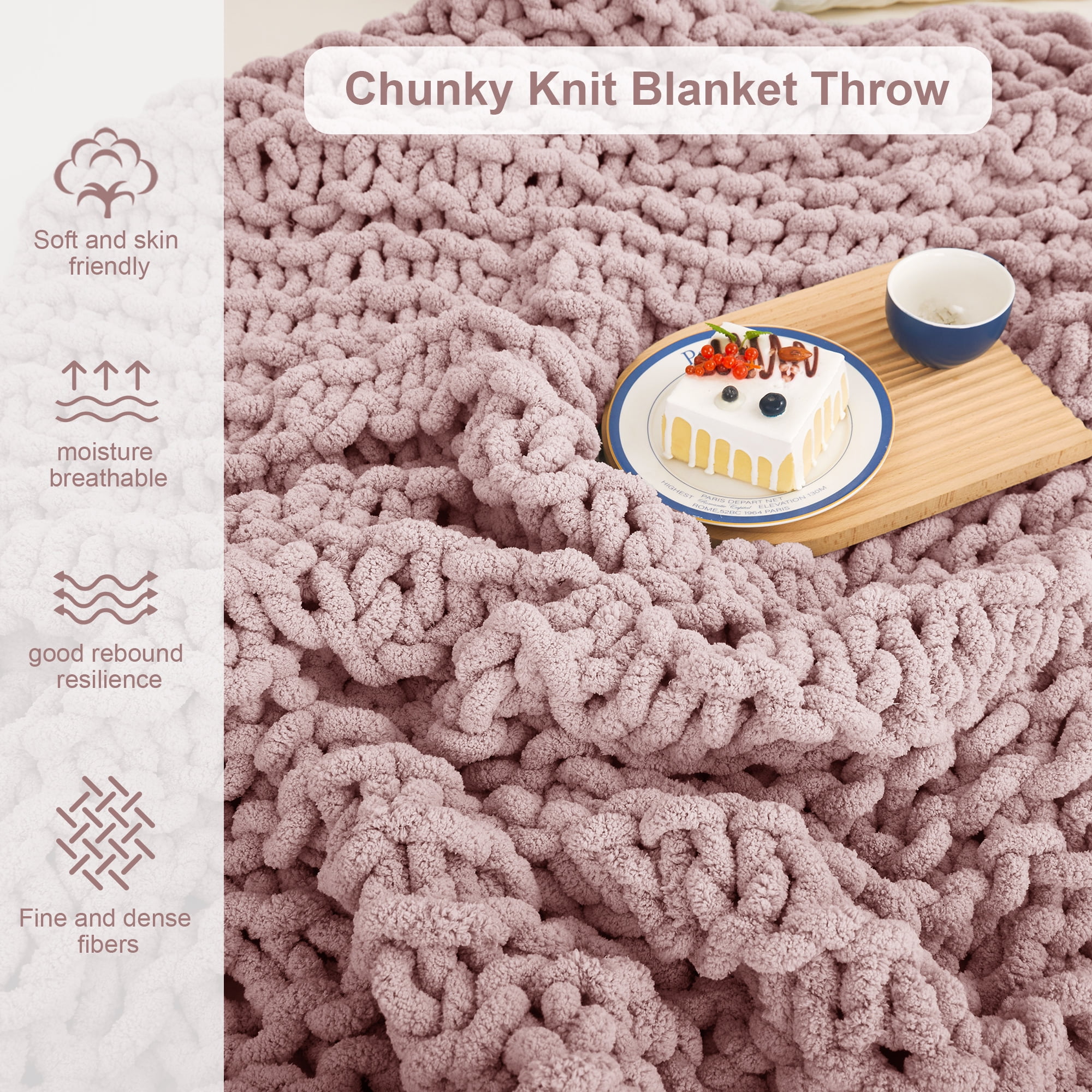 Mooreeke Chunky Knit Blanket 40"x50" Pink Soft Washable Chenille Throw Blanket Cozy 100% Handmade Crochet Blankets with Jumbo Chenille Yarn for Couch Bed Sofa Room Decor