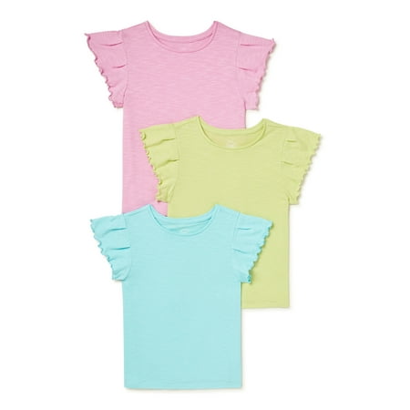 Wonder Nation Girls Ruffle Sleeve Kid Tough Slub T-Shirts, 3-Pack, Sizes 4-18 & Plus