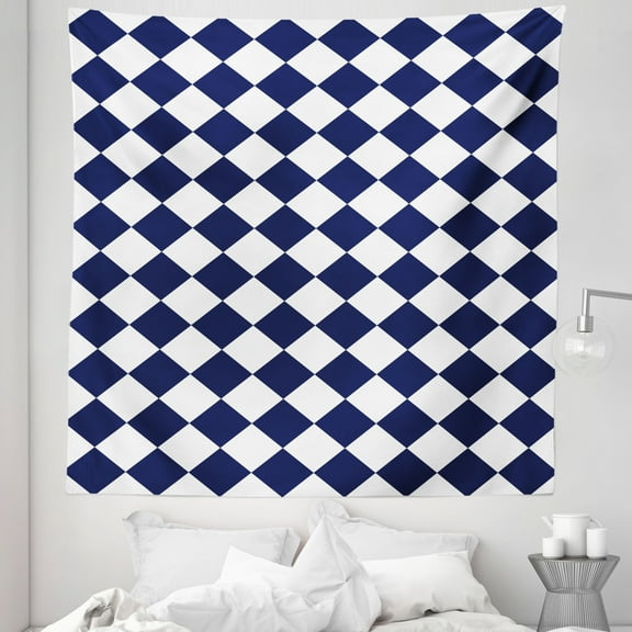 Blue Tapestry, Classical Old Fashioned Checkered Pattern Geometric Diagonal Skewed Squares, Fabric Wall Hanging Decor for Bedroom Living Room Dorm, 5 Sizes, Navy Blue and White, by Ambesonne