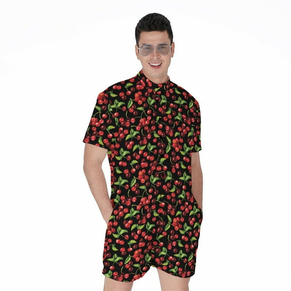 Watercolor Cherry Pattern Short Sleeve Men'S Rompers, Flower Cherry Floral Casual Summer Jumpsuits Outfit