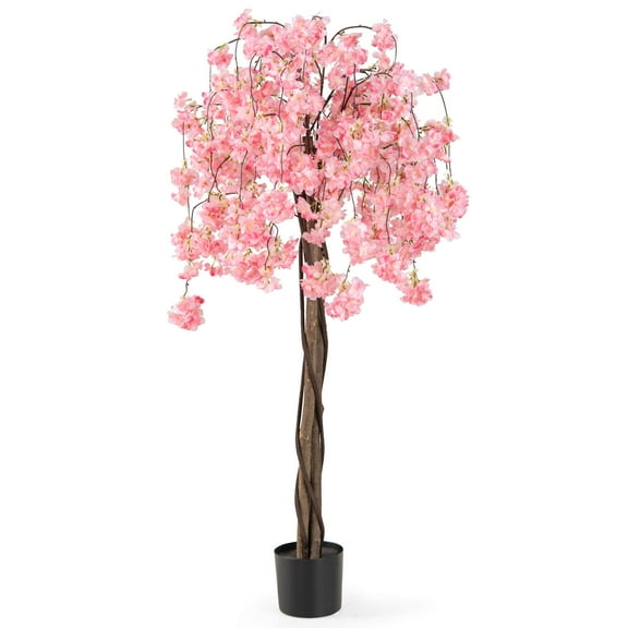 Costway 1 PCS 5.5 FT Tall Artificial Cherry Blossom Tree with Pink Flowers Fake Potted Tree Pink