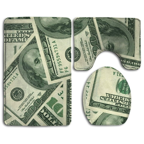 PUDMAD American Dollar Money 3 Piece Bathroom Rugs Set Bath Rug Contour Mat and Toilet Lid Cover