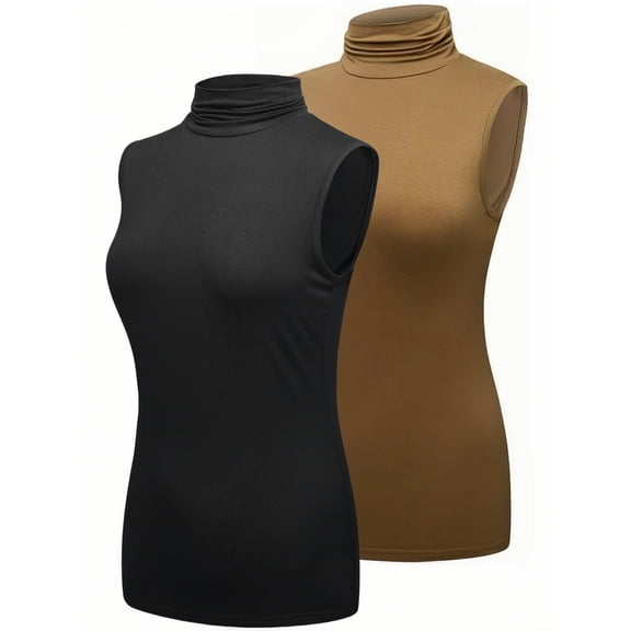 2 Pack Women's Sleeveless Turtleneck Tank Top - Slim Fit Stretchy Basic Layer Shirt (Black & Tan)