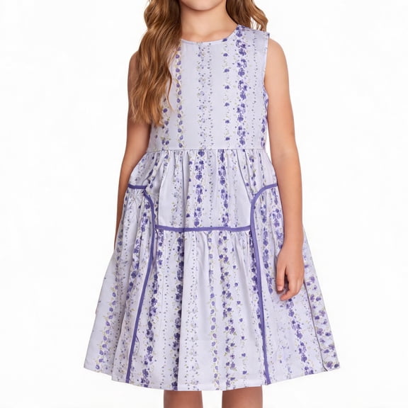 NIPAXO Girls Dress Summer Lavender Floral Print Sleeveless A-Line Curved Flounce Hem Piping Casual Party Dresses for Toddler Kids