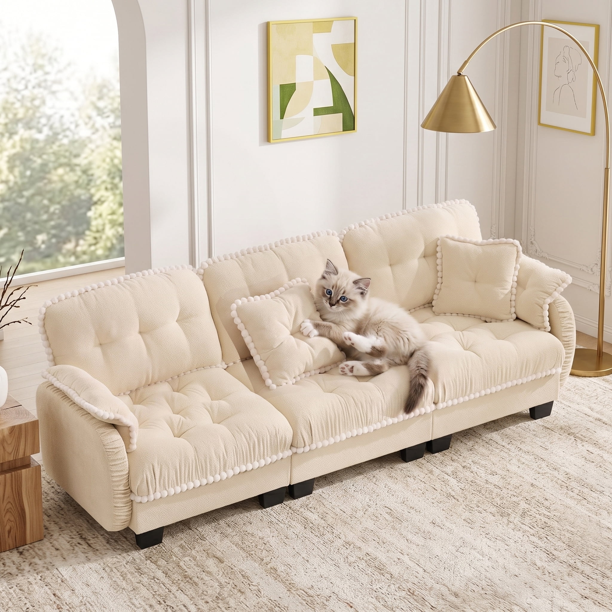 Anpport Modern Aesthetic Cream 3-Seater Chenille Sofa, Quilted Tufted Couch with Pom-Pom Trim, Includes 4 Throw Pillows for Small Space, Apartment, Office & Living Room