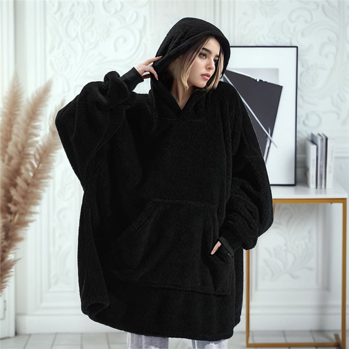 Oversized Blanket Hoodie Sweatshirt, Wearable Lounging Pullover for Adults Women Men Black One size