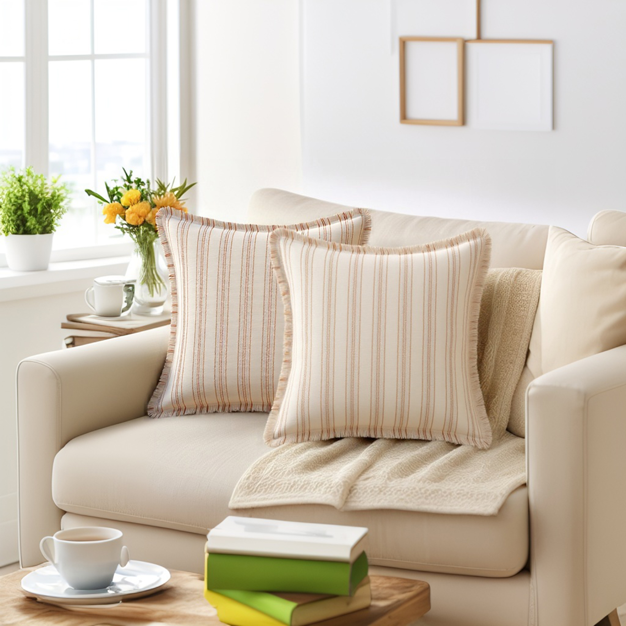 Unique Bargains Pack of 2 Striped Throw Pillow Covers with Tassel Edge Khaki