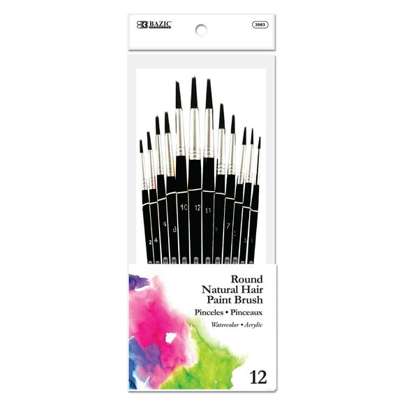 BAZIC Round Natural Hair Paint Brush Set, (12/pack), 12-Packs