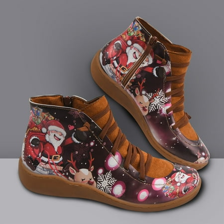 

TALKVE Comfortable Short Shoes Printing Flat Christmas Toe Women Zipper Round Retro Booties Women s Boots