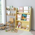 thumbnail image 2 of 3 Tier Kids Bookshelf, Wooden Bookcase with Storage, Book Display Shelf for Toddlers Children Room Furniture, Toy Book Storage Organizer in Playroom Nursery Bedroom, Kids Book Rack, Natural, 2 of 7
