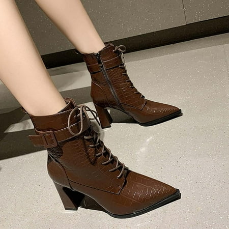 

Tdoqot Womens Martin Boots- High-Heels Christmas Gifts Chunky Heel Casual Women s Mid Calf Boots Brown 35