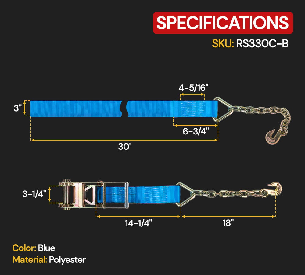 4 Pack 3" x 30' Ratchet Strap with Chain Anchor - 5000 Lbs WLL Heavy Duty Tie Down Cargo Truck Straps with Chains Ends & Grab Hooks for Flatbed, Truck, Trailers, Pickup - Blue