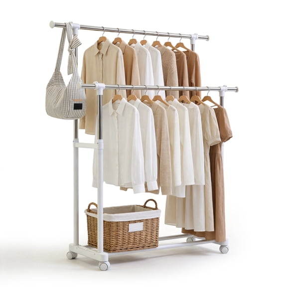 GARITIN Clothes Rack, Double Rods Rolling Clothing Rack for Hanging Clothes, Portable Garment Rack with Wheels, Adjustable Height & Width Coat Rack Wardrobe Closet for Bedroom Laundry Room, White