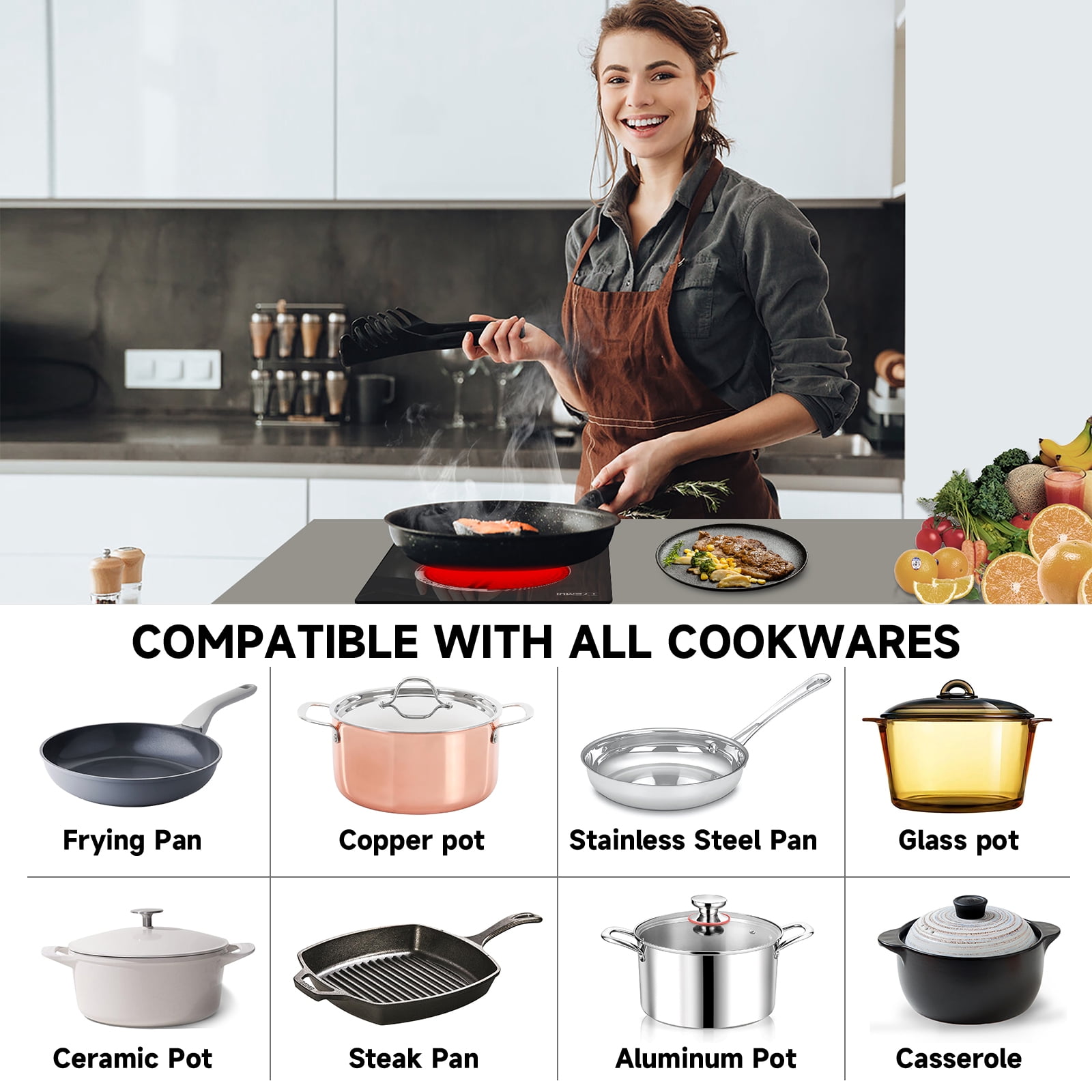 TYEMUI 12 inch Electric Cooktop, 2 Burners Ceramic Stove Top with Plug, Timer, Booster, Keep Warm, Child Lock, Pause,Kitchen Hot Plates With Two Burners