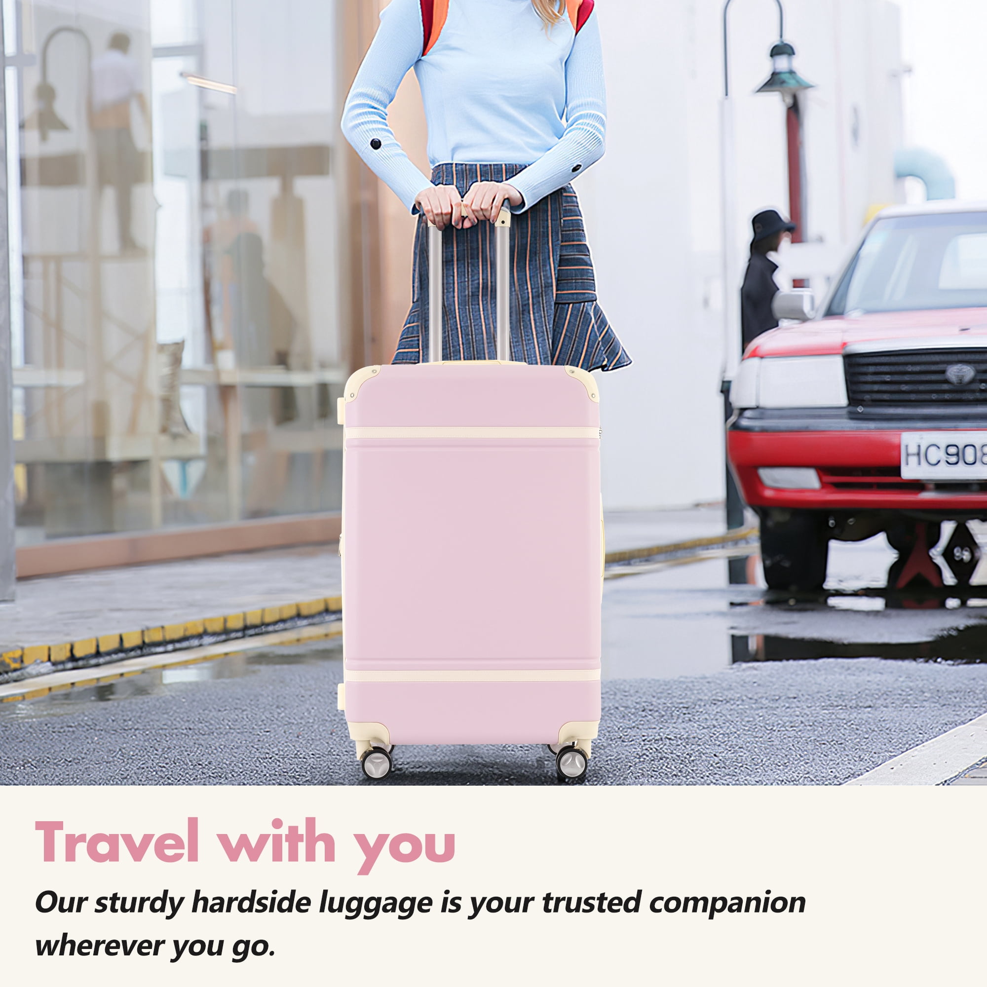 Euroco 3-Piece Luggage Sets, 24" Medium Checked Luggage with TSA Lock,Spinner Wheels & 2 Bags,ABS Hardside Lightweight Suitcase Set for Men Women,Light Pink