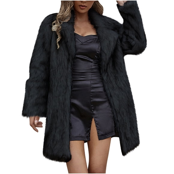 IROINID Women's Faux Fur Jacket Long Sleeve Solid Color Notch Lapel Outwear, Leisure Warm Jackets Faux Jacket Furry Faux Jacket Suit Collar Outerwear Over Jacket