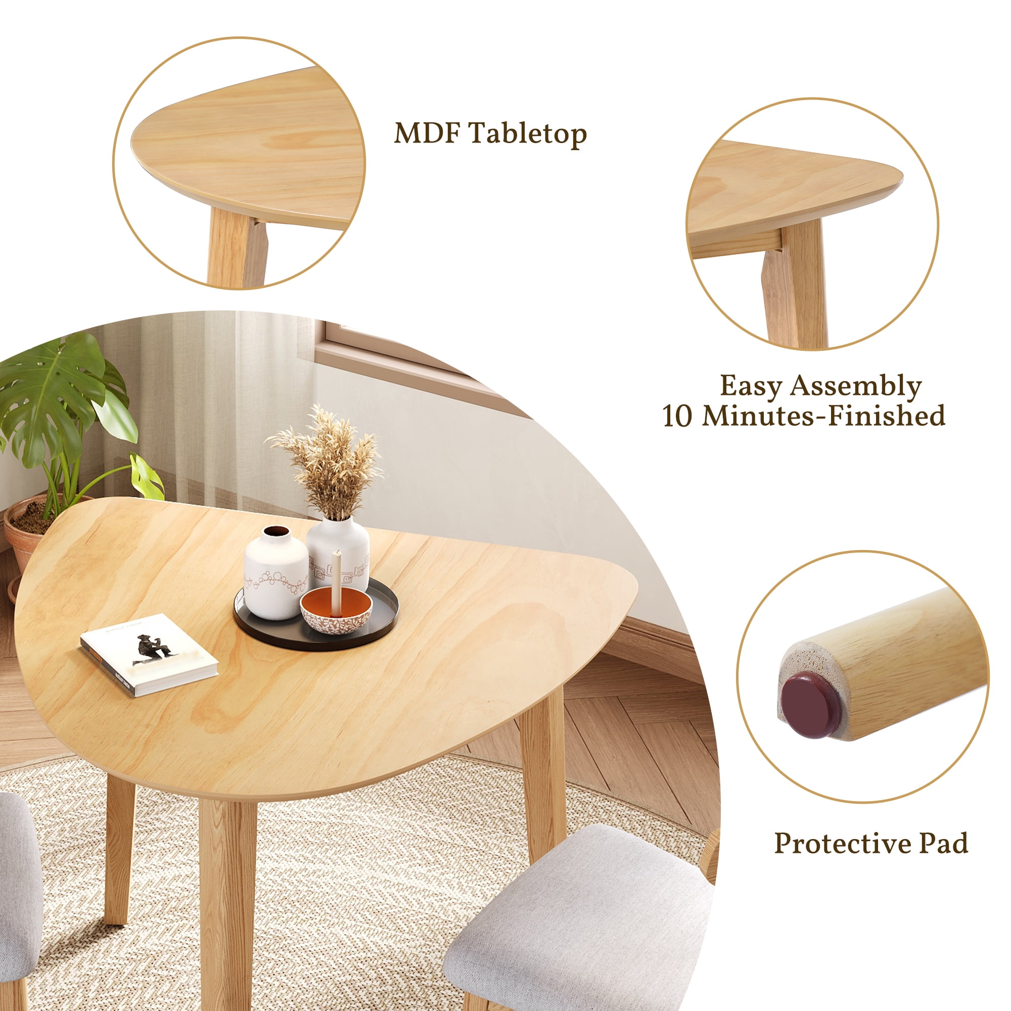Euroco 3-Piece Dining Table Set for 2, Triangular Side Table with 2 Curved Chairs,Compact Kitchen Table Set for Kitchen Living Room,Small Space,Natural