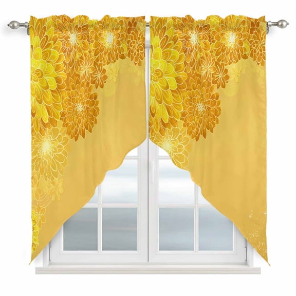Yellow Golden Floral Swag Curtains for Living Room/Bedroom, Spring Summer Shiny Flowers Swag Kitchen Curtain Valances for Windows, Tier Topper Scalloped Curtain 2 Panels, 56"W x 36"L
