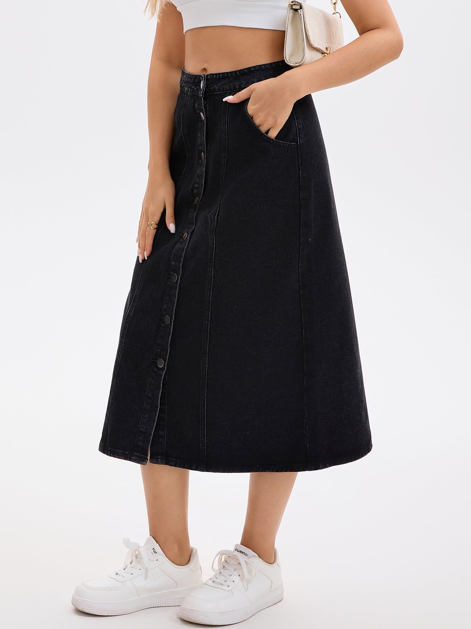 DARING DIVA Women's Button Down Front Slit A Line Midi Jean Skirts XL Black