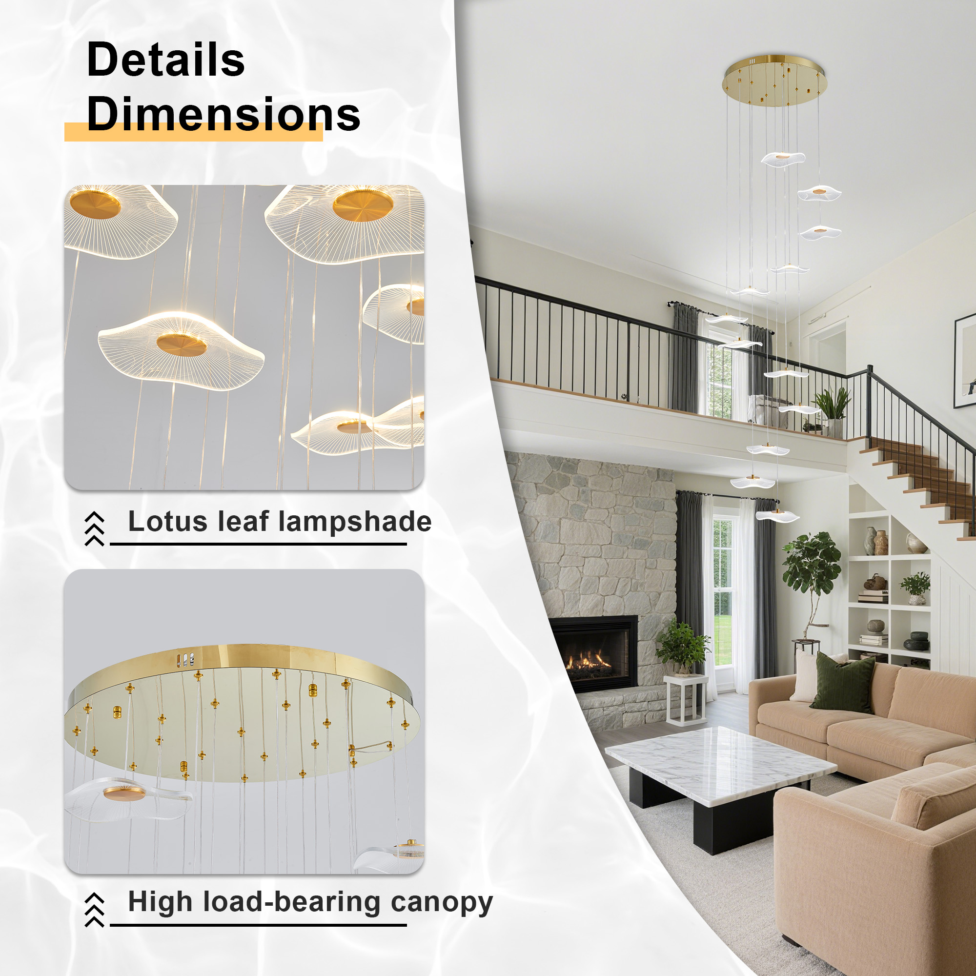 Modern Spiral Lotus Leaf Chandelier - Dimmable 12-Light LED Pendant with Remote for High Ceilings