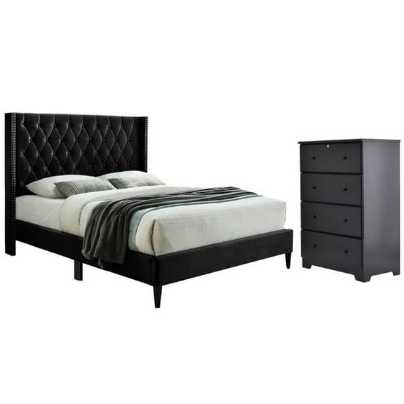 Home Square 2-Piece Set with Tufted Queen Bed & 4-Drawer Chest Dresser in Black