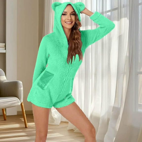 Jsaierl Onesies Pajamas Sherpa Fleece Plush Shorts Jumpsuit Womens Hooded Fuzzy Romper Zipper Bear Sleepwear Playsuit Christmas Pajamas
