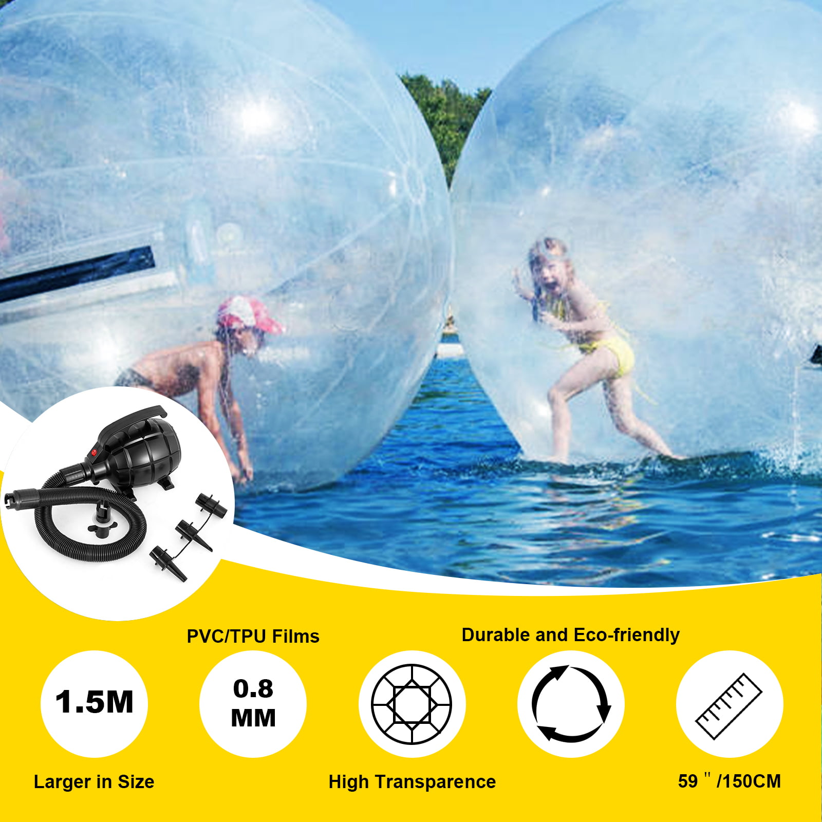1.5M Water Walking Roll Ball Inflatable Zorb ball Germany TIZIP Zipper W/ Blower 