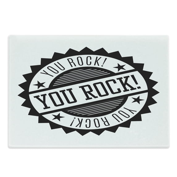 You Rock Cutting Board, Stamp Look Monochrome Simplistic Star Ornament Ruffled Edges Circle Print, Decorative Tempered Glass Cutting and Serving Board, in 3 Sizes, by Ambesonne